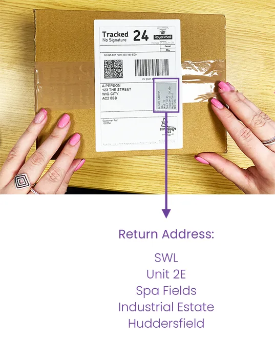 Plain parcel label showing the anonymous SWL return address